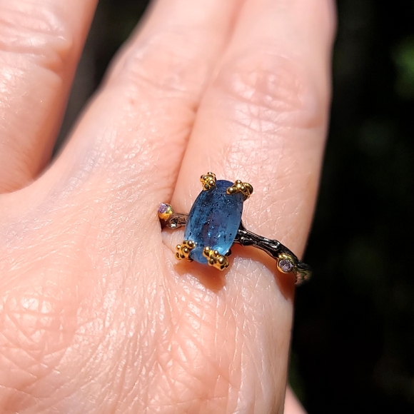 Kyanite & Amethyst elongated cushion cut STUNNING wreath sterling &gold ring sz9 - Picture 8 of 10